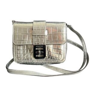Michael‎ Kors Silver Croc Embossed Crossbody Bag Mila Purse Metallic Crocodile